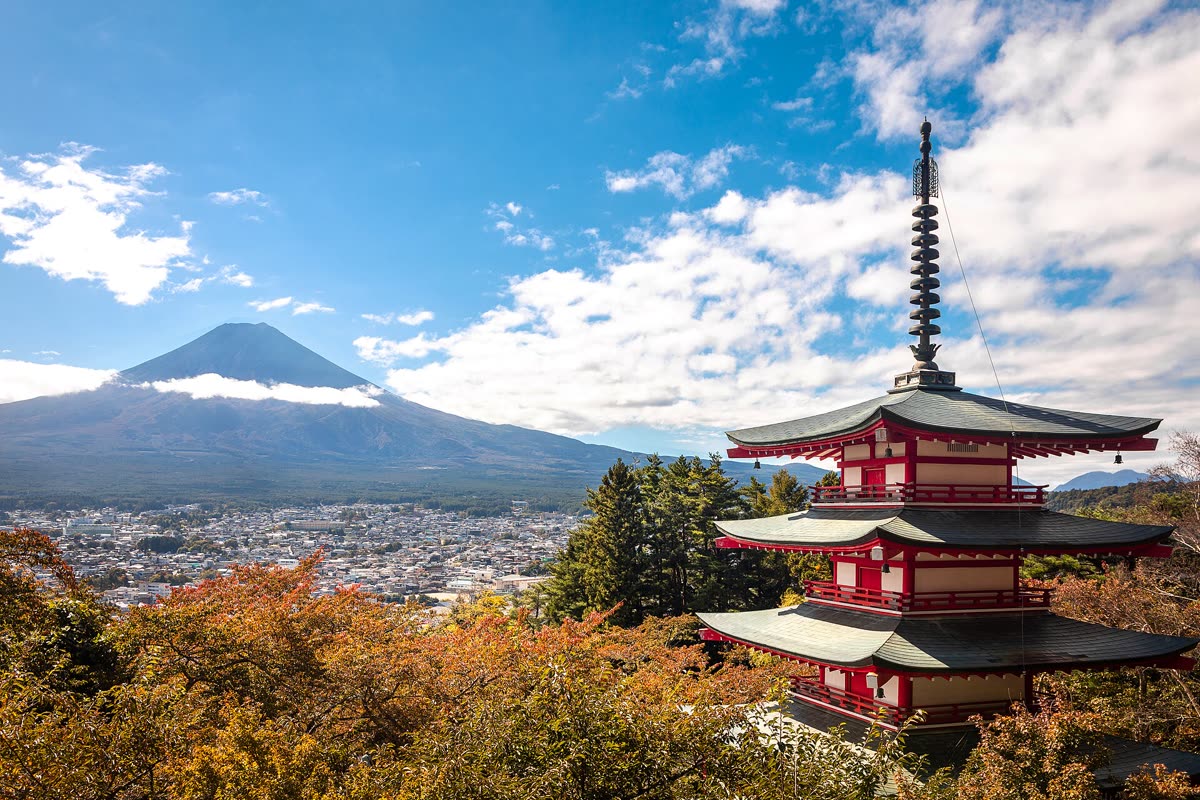 Chureito Pagoda with Mt Fuji and autumn maples