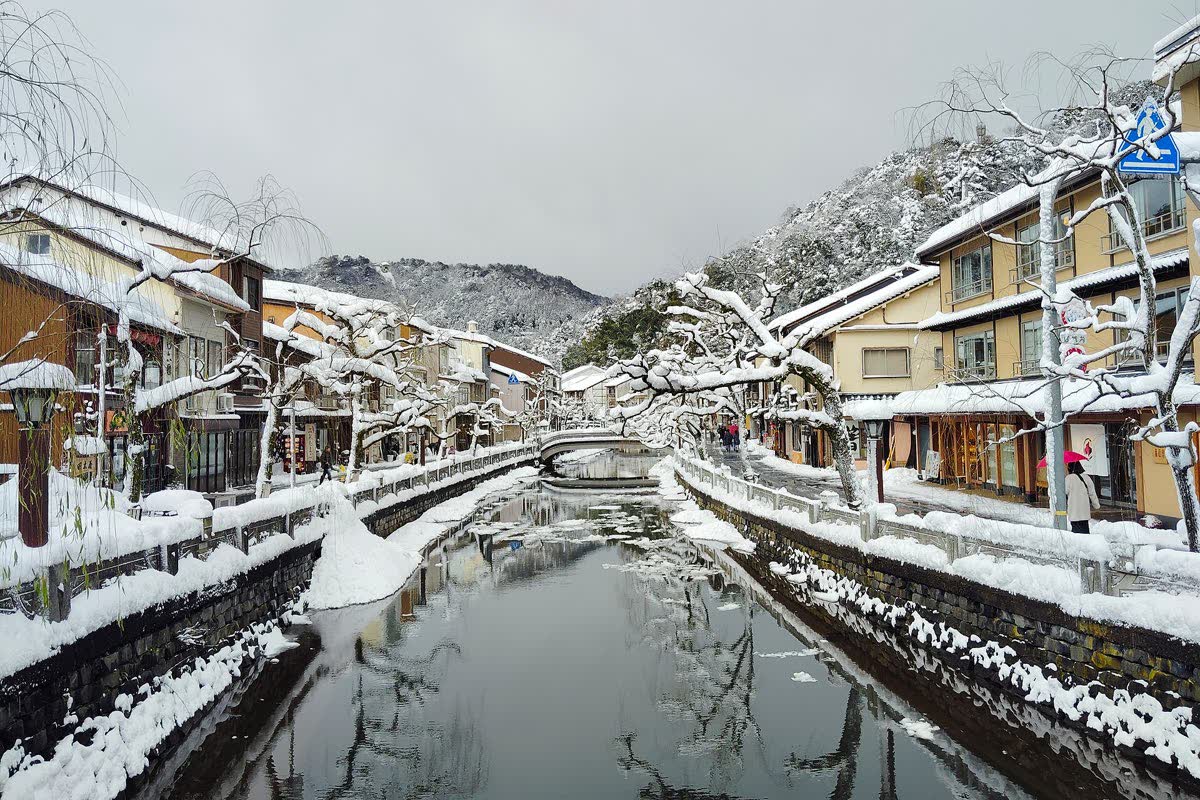 Kinosaki Onsen willow-lined canal at dusk