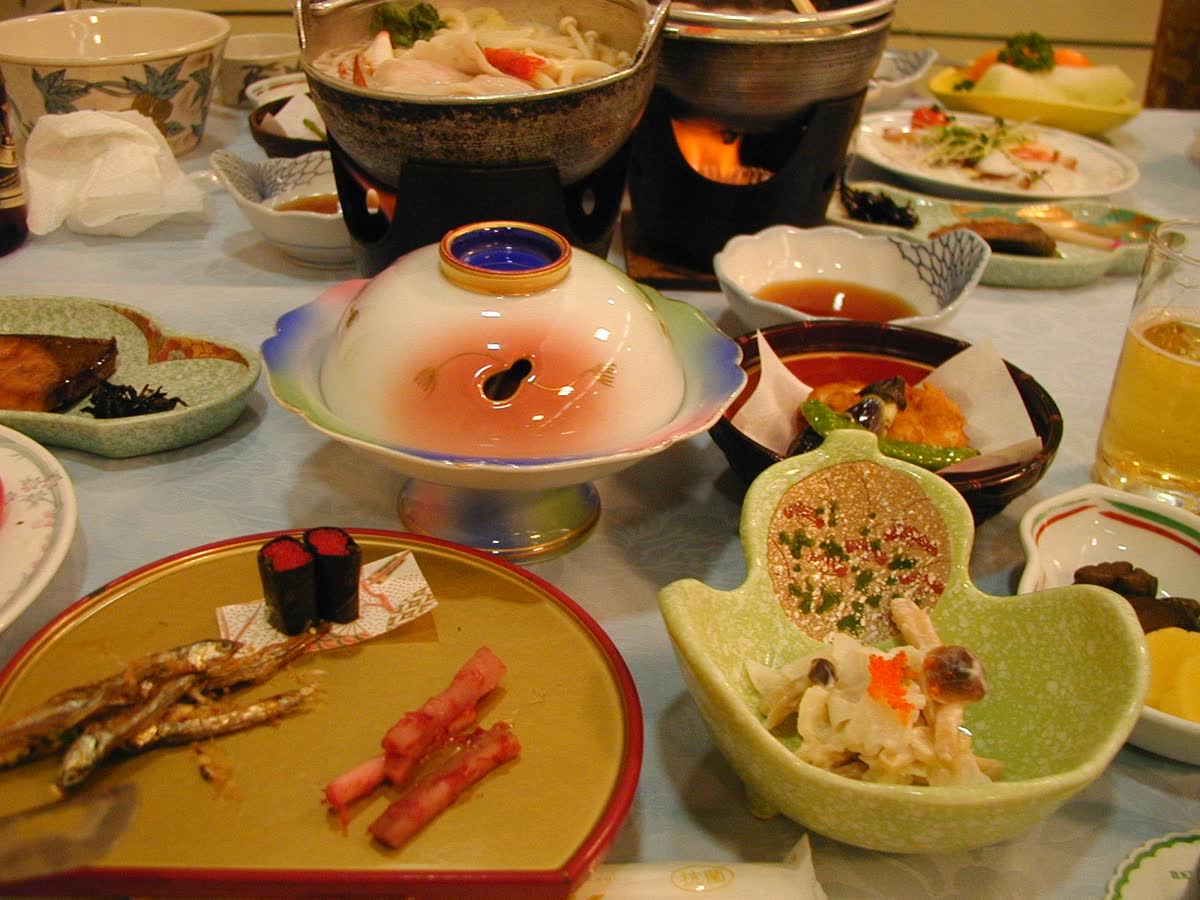 A multi-course kaiseki dinner served at a ryokan