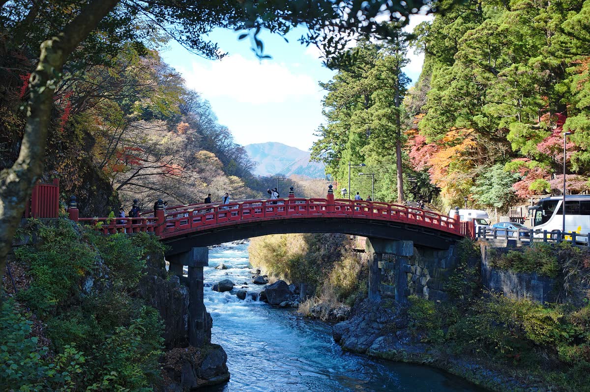 The red Shinkyo bridge over the Daiya River, Nikko