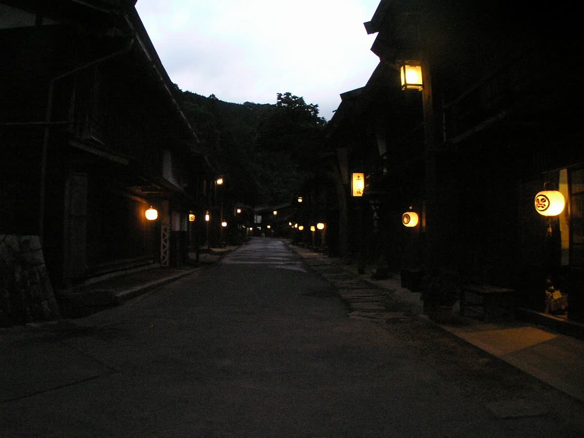 Tsumago after dark with lanterns lit